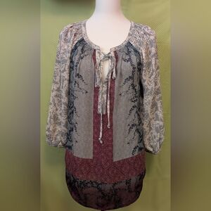 Daniel Rainn Cream, Gray, and Burgundy Mixed-Print Blouse